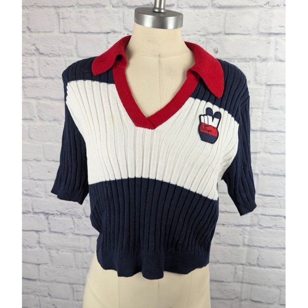Tommy Jeans Hilfiger Womens Navy Ribbed Sweater Size L Short Sleeve V Neck